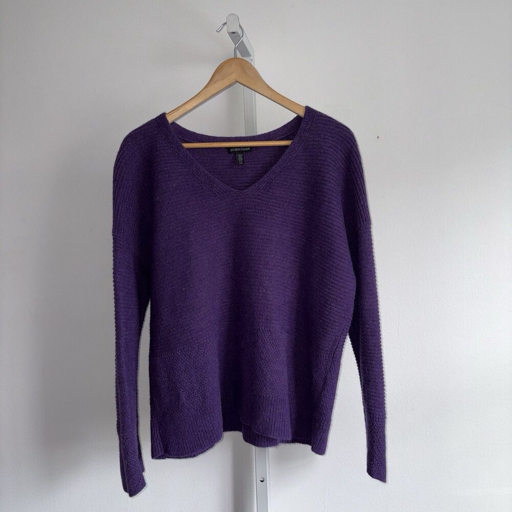 Eileen Fisher Purple V Neck Knit Sweater Wool Alpaca Yak Size Large Italian Yarn